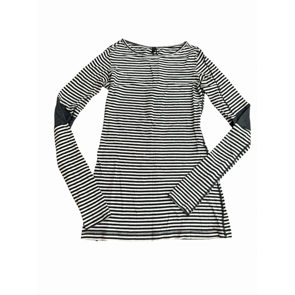 Lululemon Devotion Long Sleeve Shirt Striped Black White Elbow Patchwork #HH6-1